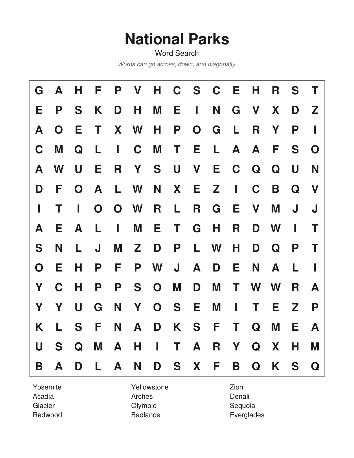 National Parks word search example