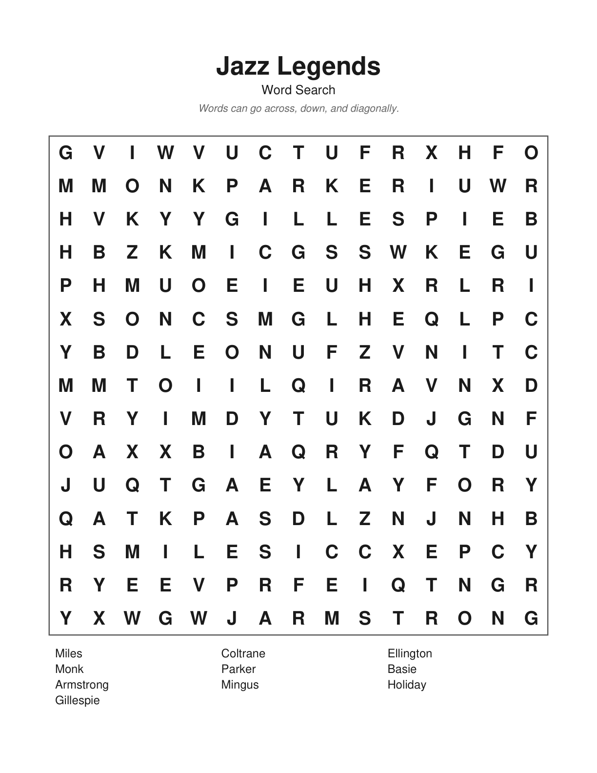 Jazz Legends word search example