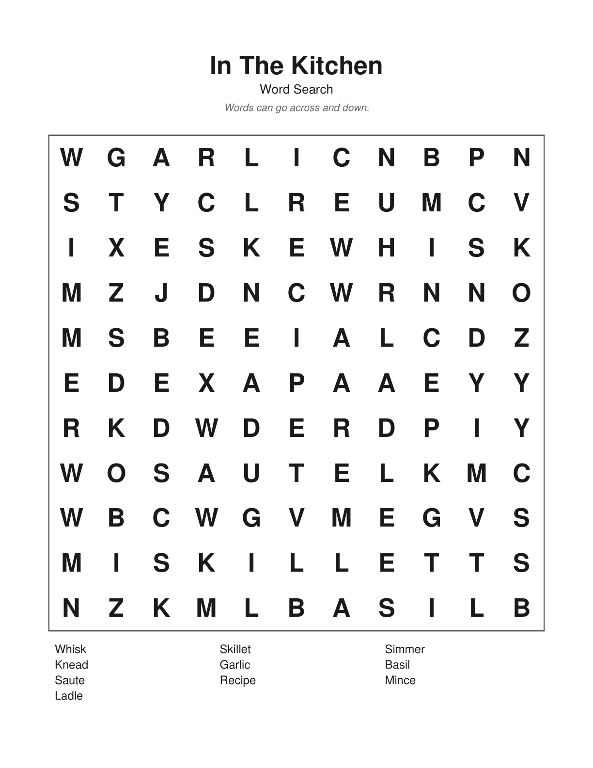 In the Kitchen word search example